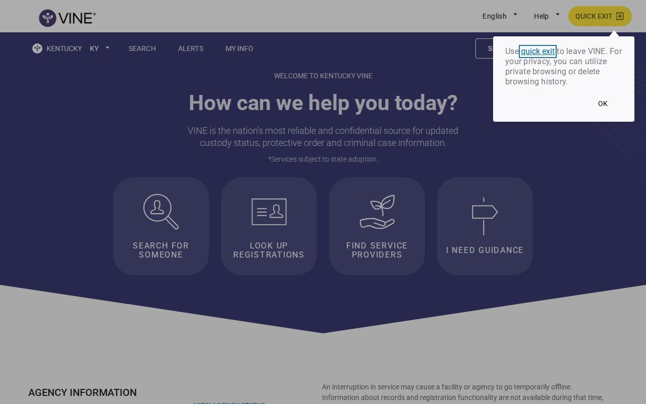 Kentucky VINELink custody and release search page