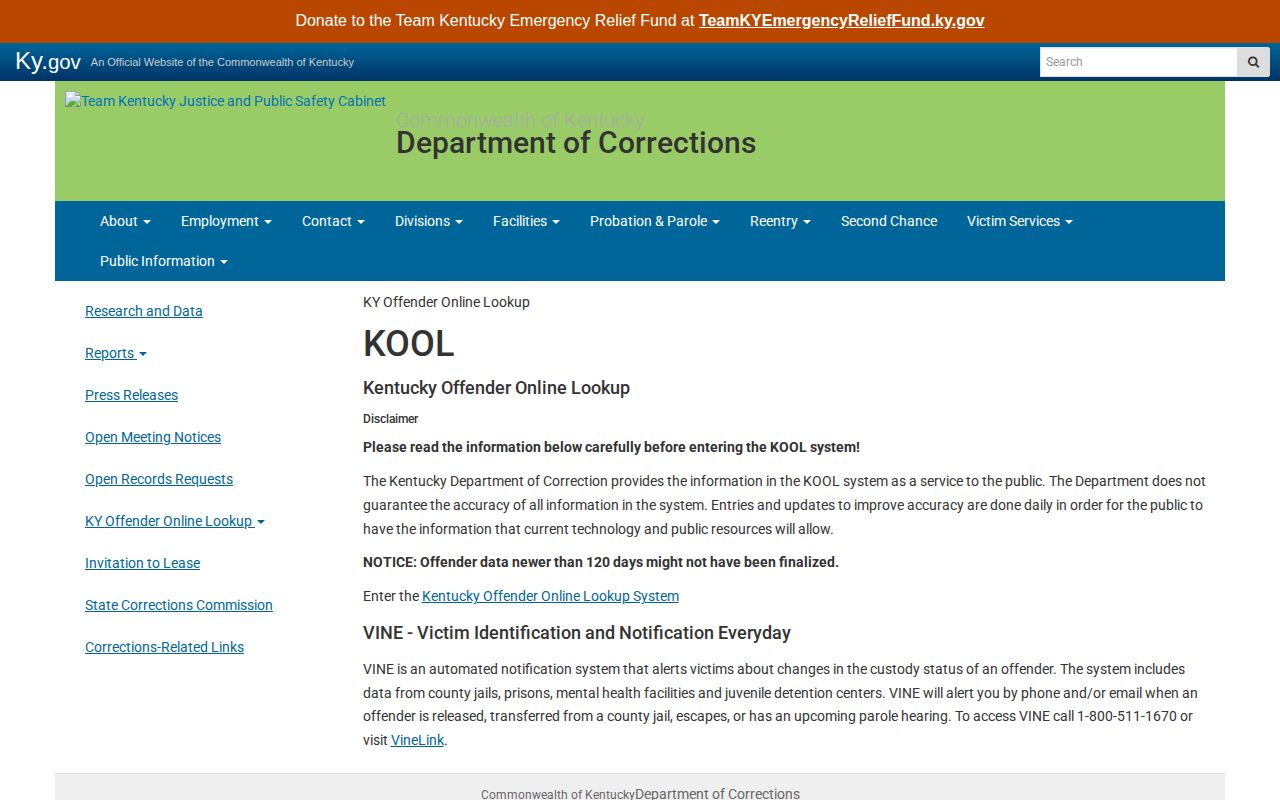 Kentucky Department of Corrections KOOL information page